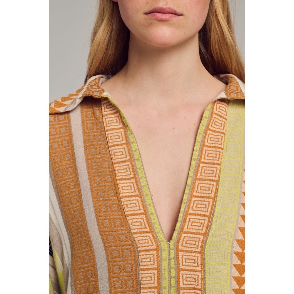 Devotion Twins Creme Yellow Embroidered Oxia Geo Kaftan Dress Sz M Boho Coastal - Picture 6 of 11